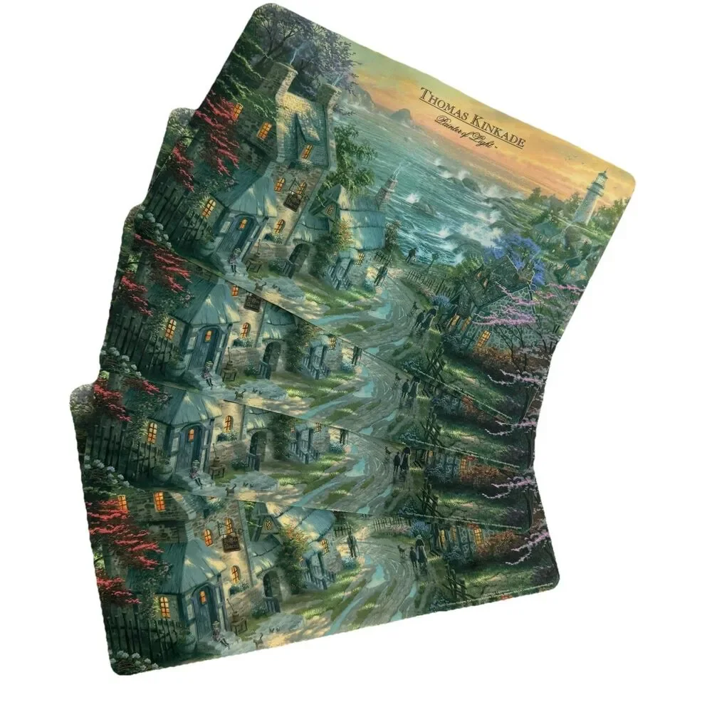 Thomas Kinkade Placemats Set of 4 The Village Lighthouse Vinyl Wipeable Table